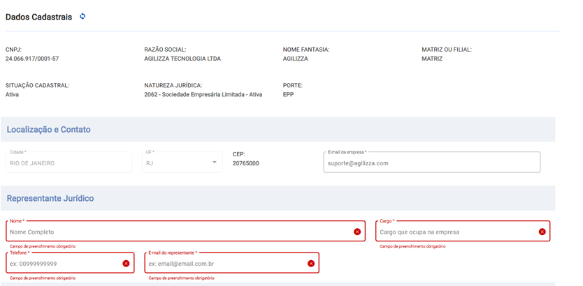 Formulário de cadastro inicial